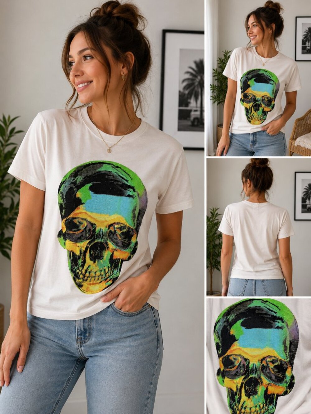 Heads Or Tails Unisex Rhinestone Skull Graphic Tee White Stretch T-Shirt Size L